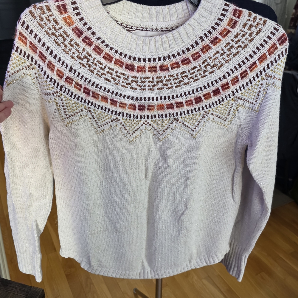 LOFT White Sweater with Multicolor Yoke Design